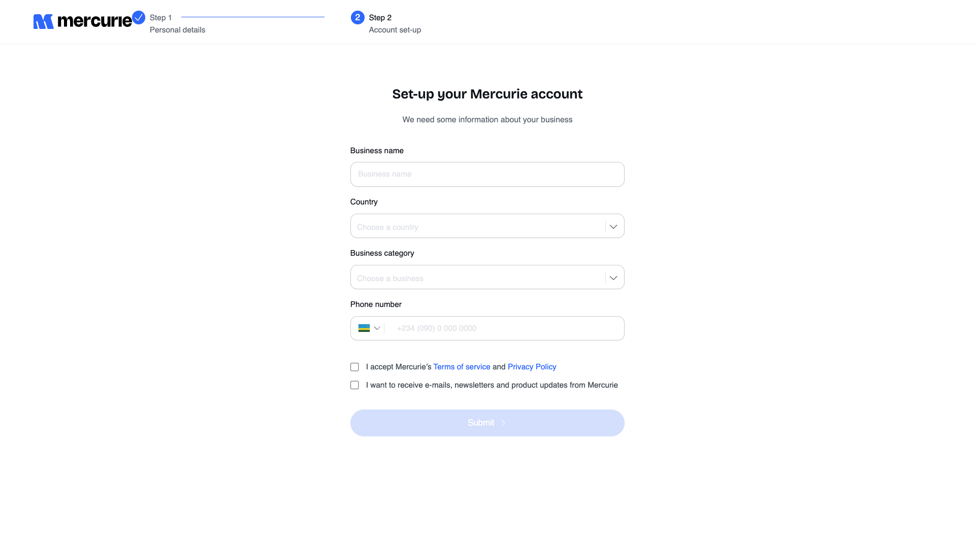 Mercurie account-setup wizard step 2 with fields for Business name, Country, Business category, and Phone number.