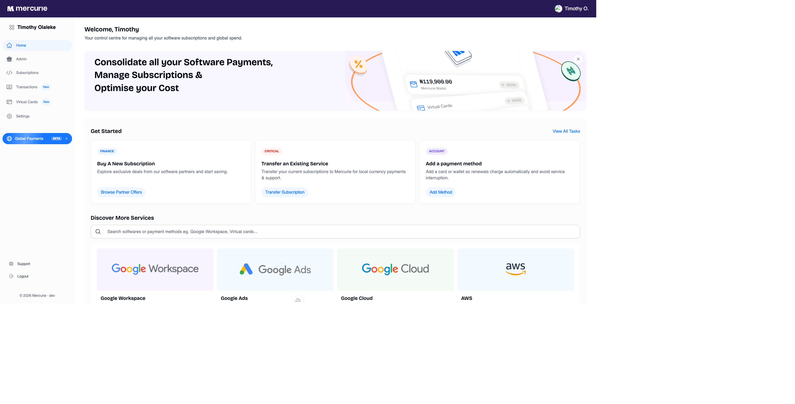 Mercurie dashboard home with Get Started cards and partner offers.