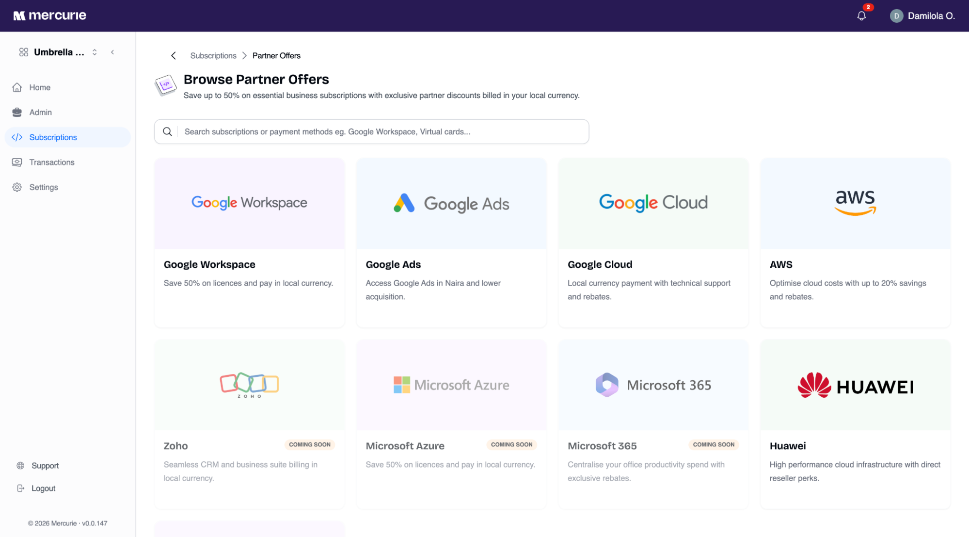 Mercurie Partner Offers page showing Google Workspace alongside other partner products.