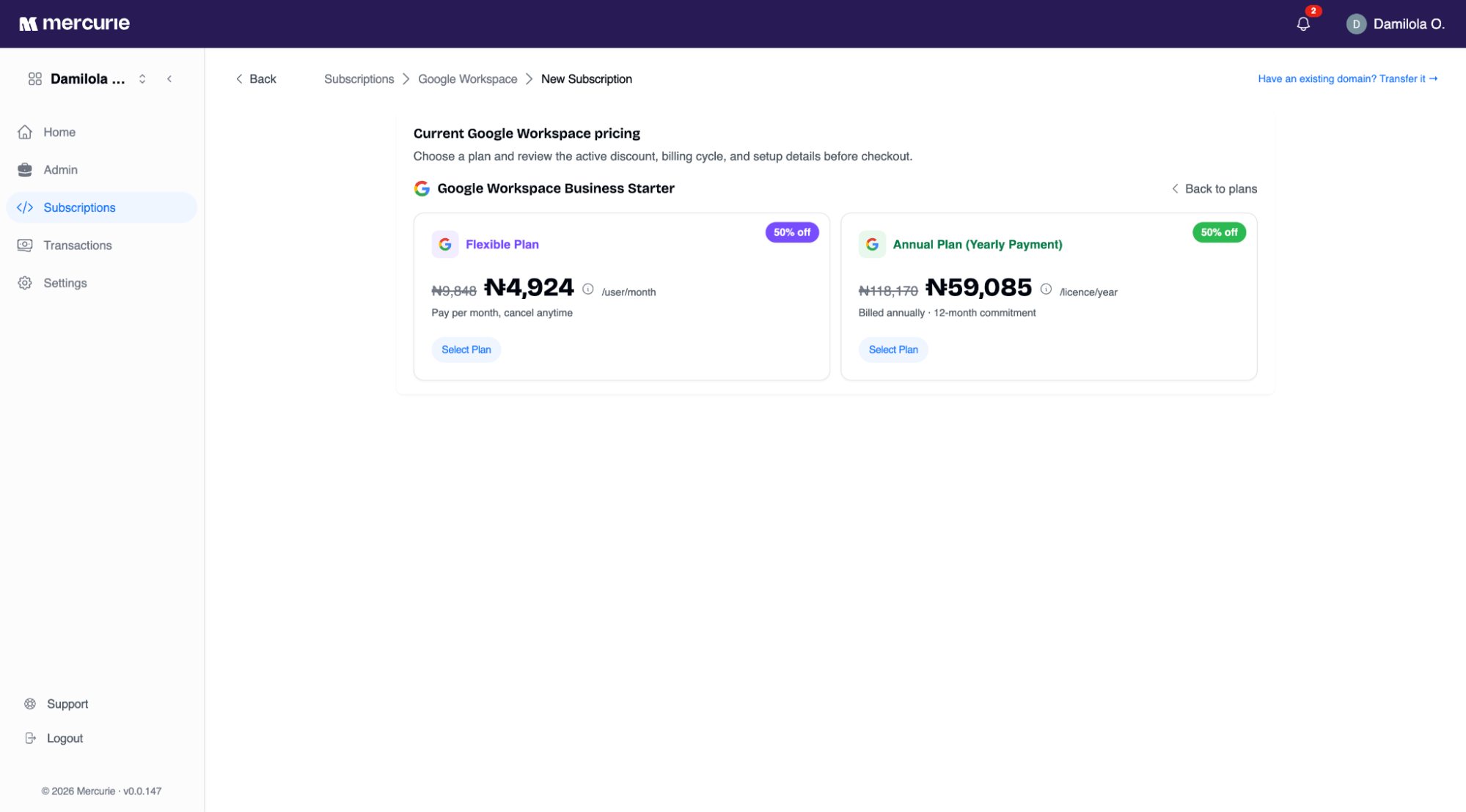 Mercurie plan selection page showing monthly and annual payment options for Google Workspace.