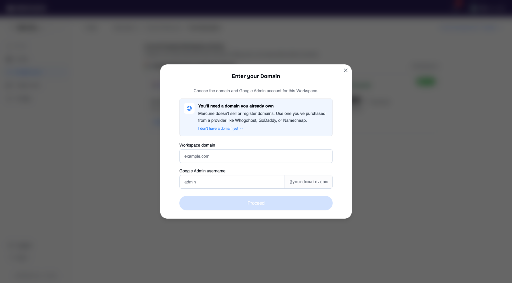 Mercurie Enter your Domain modal for a new Google Workspace subscription.