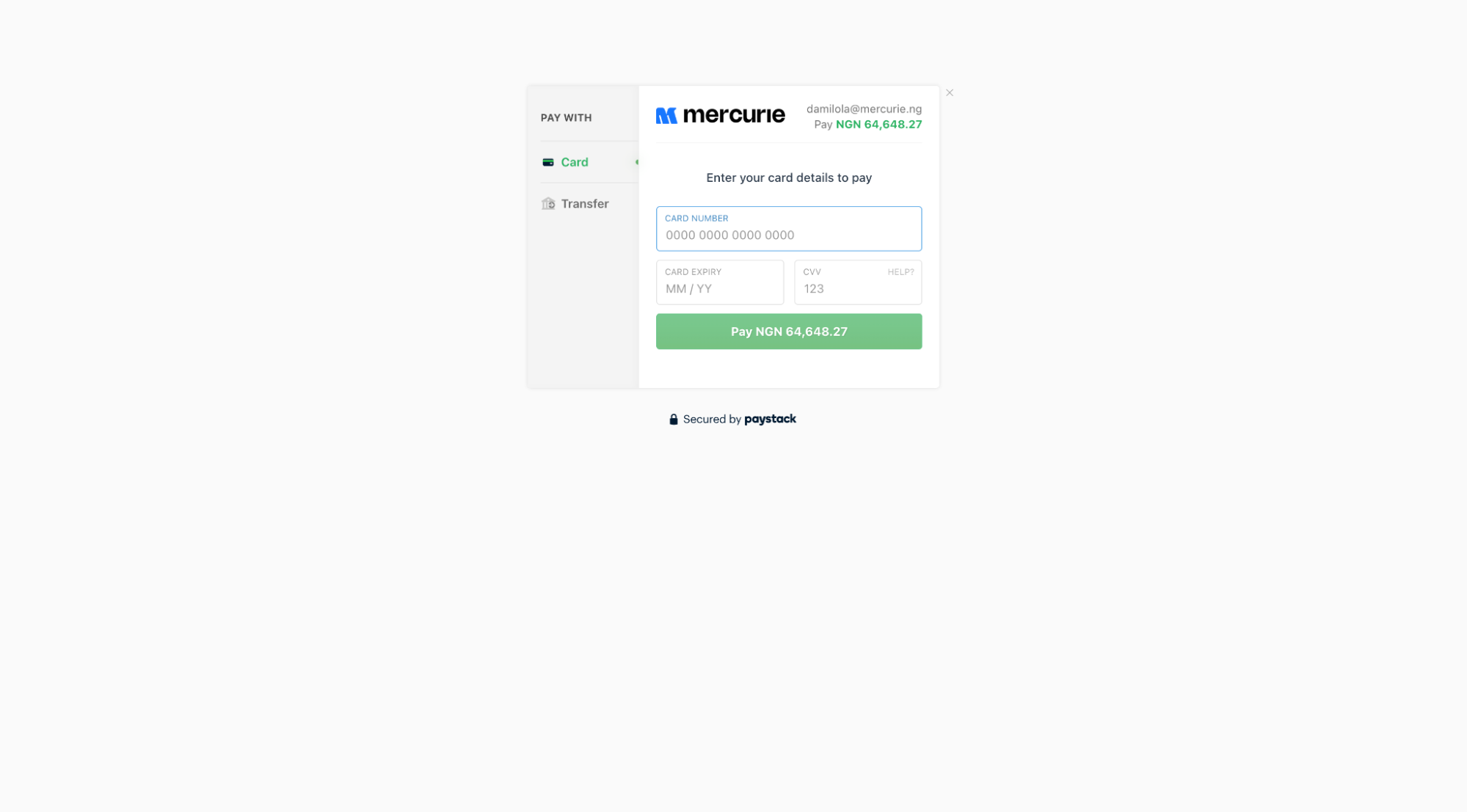Paystack checkout page for a Mercurie Google Workspace subscription payment.