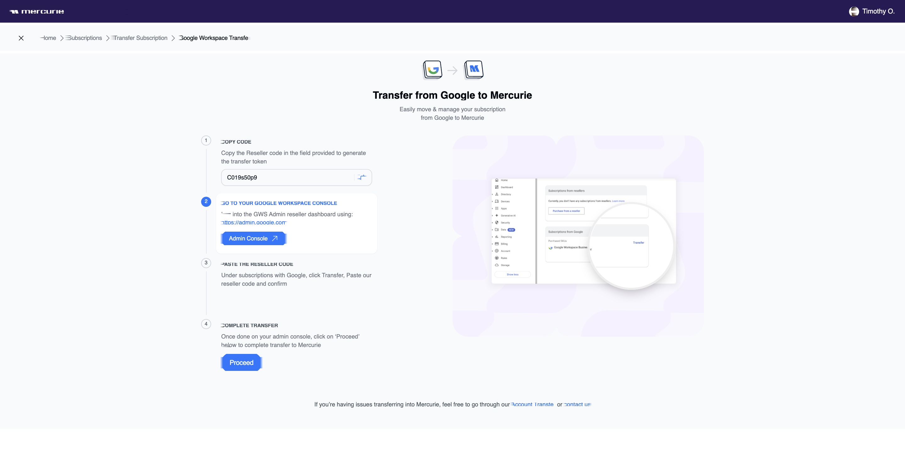 Mercurie's four-step Google Workspace transfer wizard, showing the reseller code, an Admin Console button, and a Proceed button.