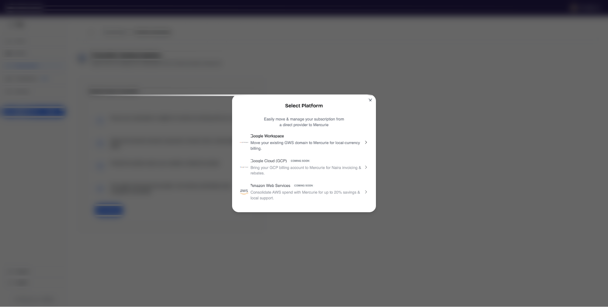Mercurie Select Platform modal with options for Google Workspace, Google Cloud, and AWS.