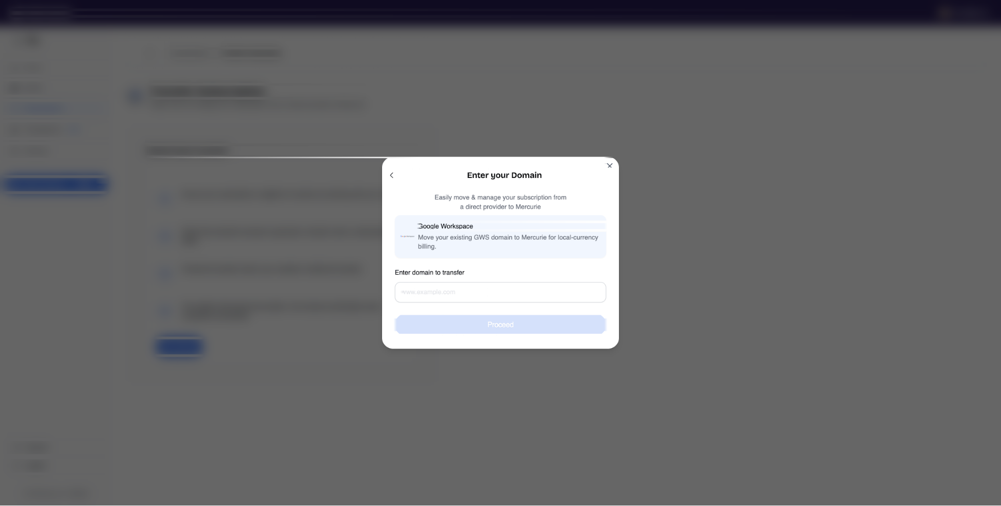 Mercurie modal asking for the Google Workspace domain to transfer, with an empty domain input.