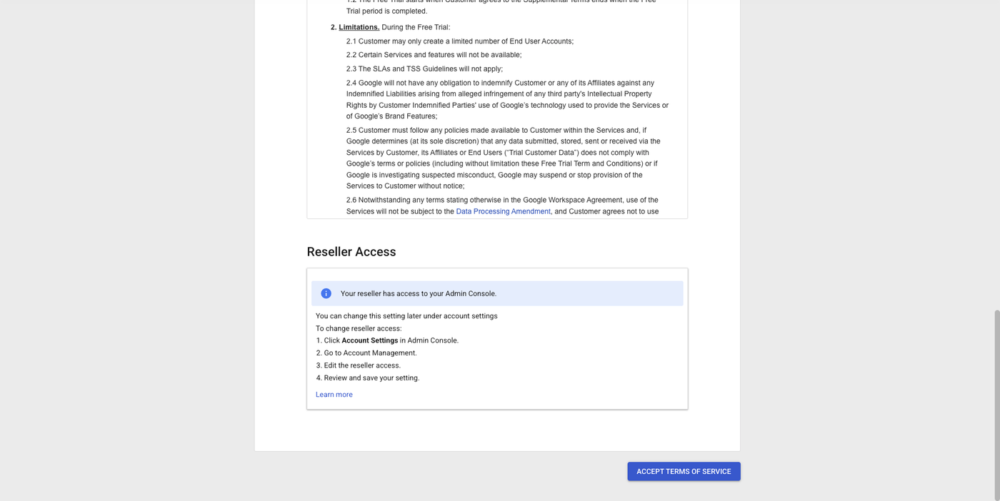 Bottom of the Workspace Terms of Service page showing a 'Reseller Access' notice and a blue 'ACCEPT TERMS OF SERVICE' button in the bottom-right corner.