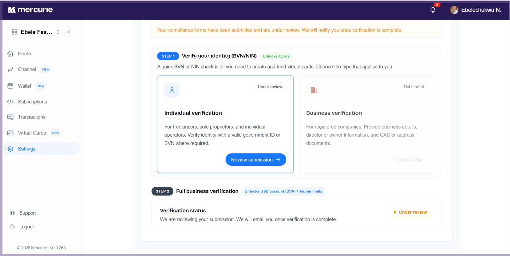 Mercurie identity verification flow.
