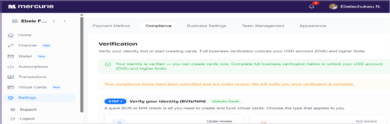 Mercurie verified identity state.