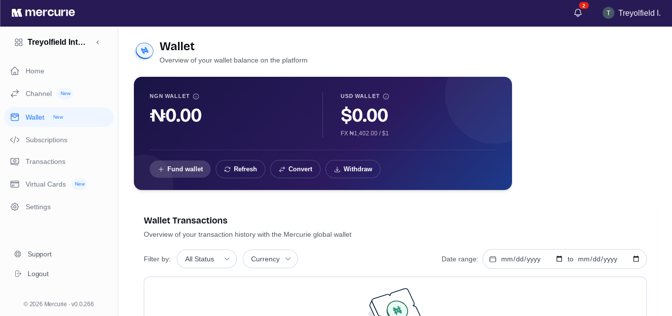 Mercurie wallet page.