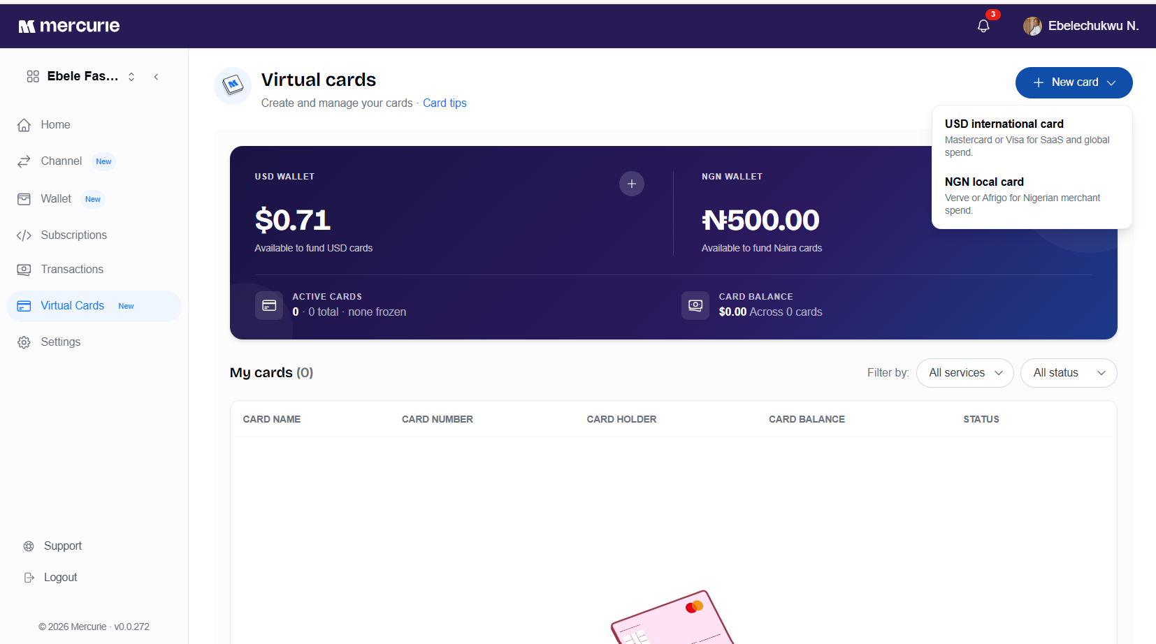 Mercurie virtual cards wallet balances.